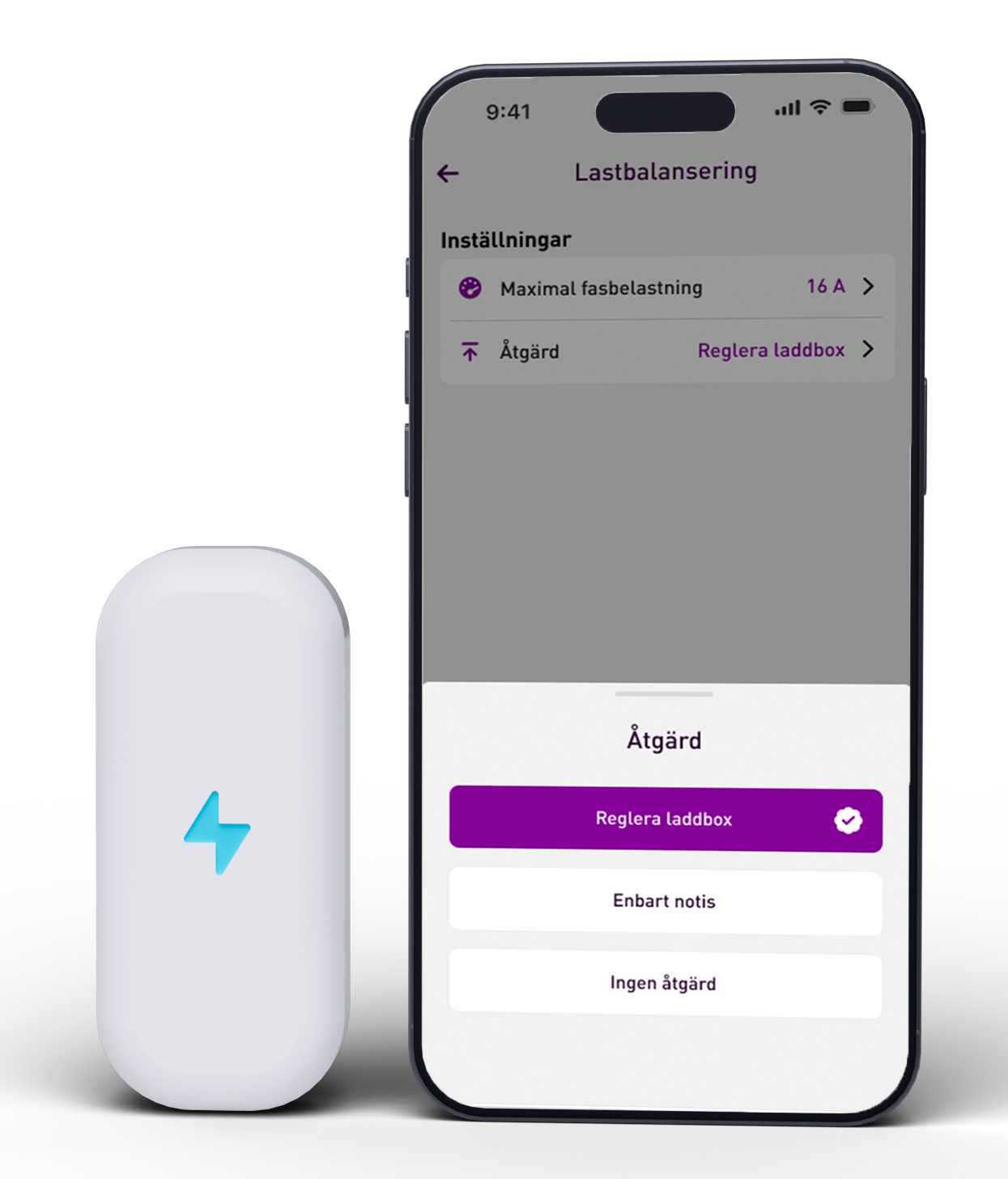 Power Hub med app som visar lastbalansering